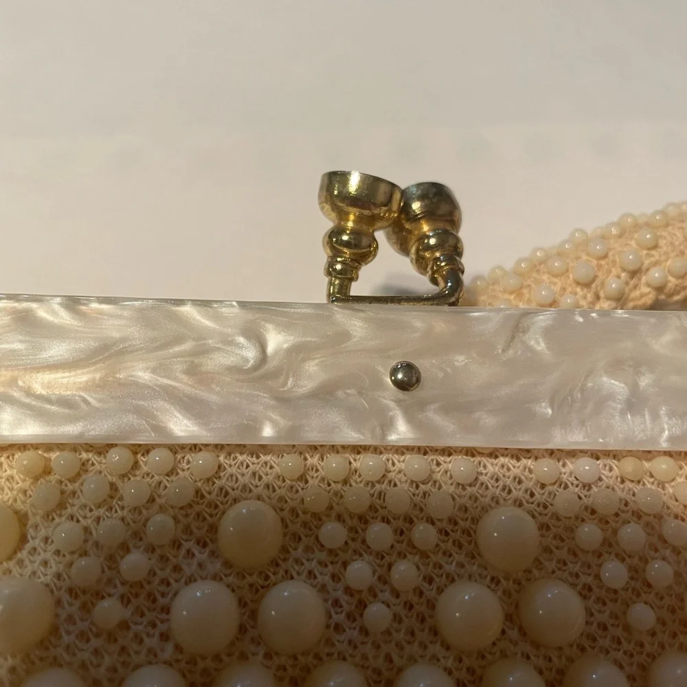 Vintage Hong Kong Beaded Evening Bag Ivory Pearl Top Handle Purse